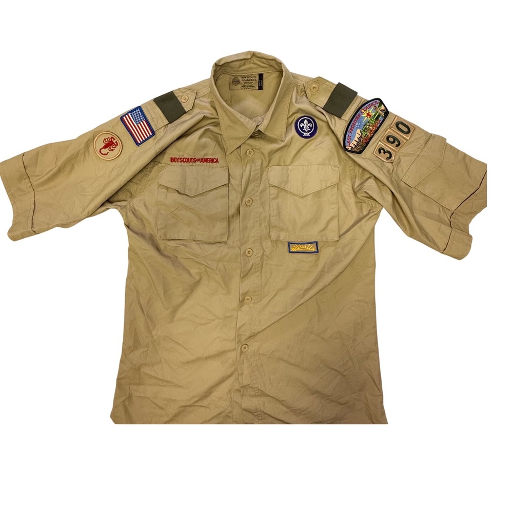 Boy Scouts of America Uniform Shirt Youth Large Tan Patched Last Frontier BSA